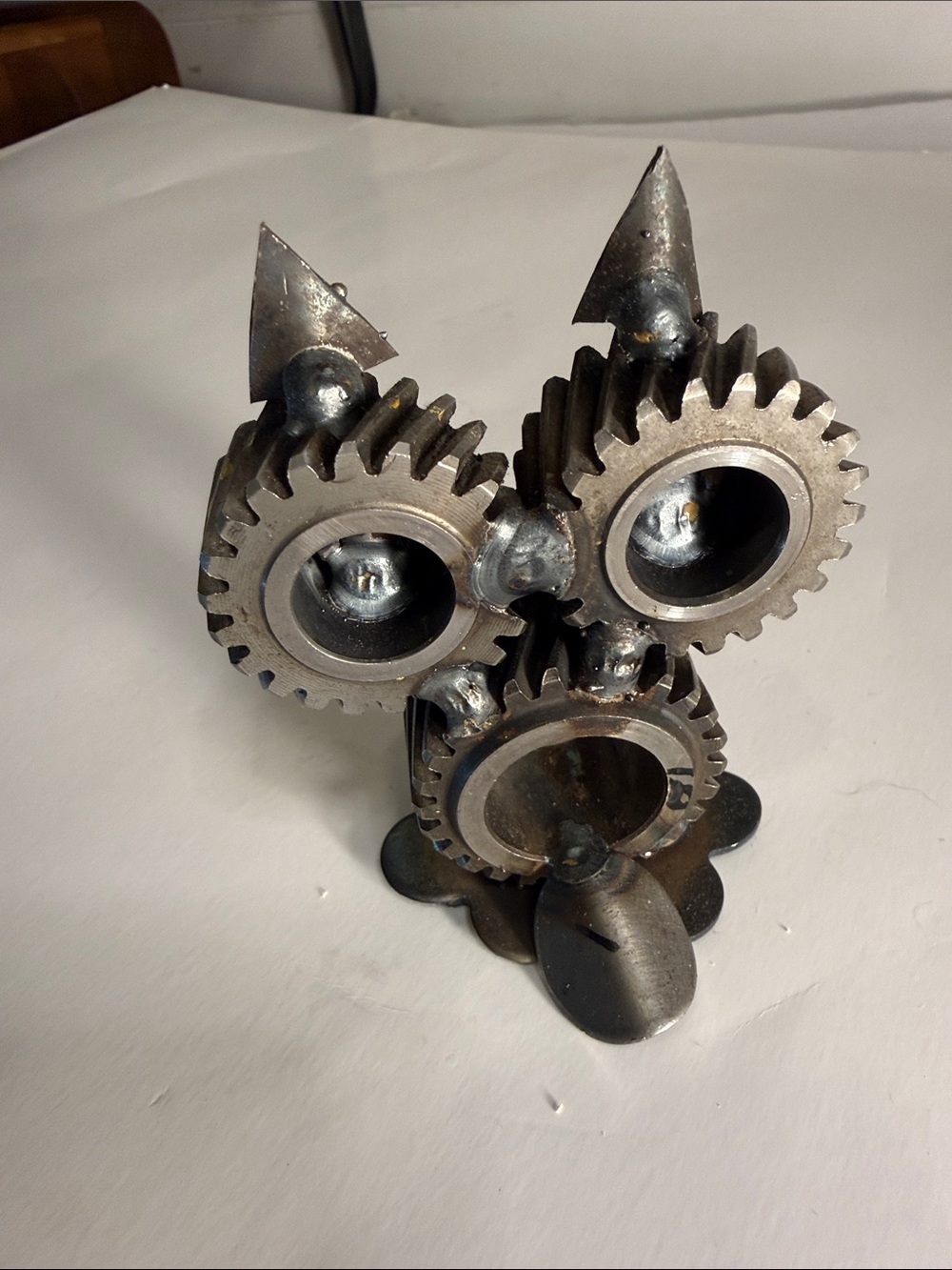 Industrial Gear Owl Sculpture - Metal Steampunk Decor, Metallic Gray